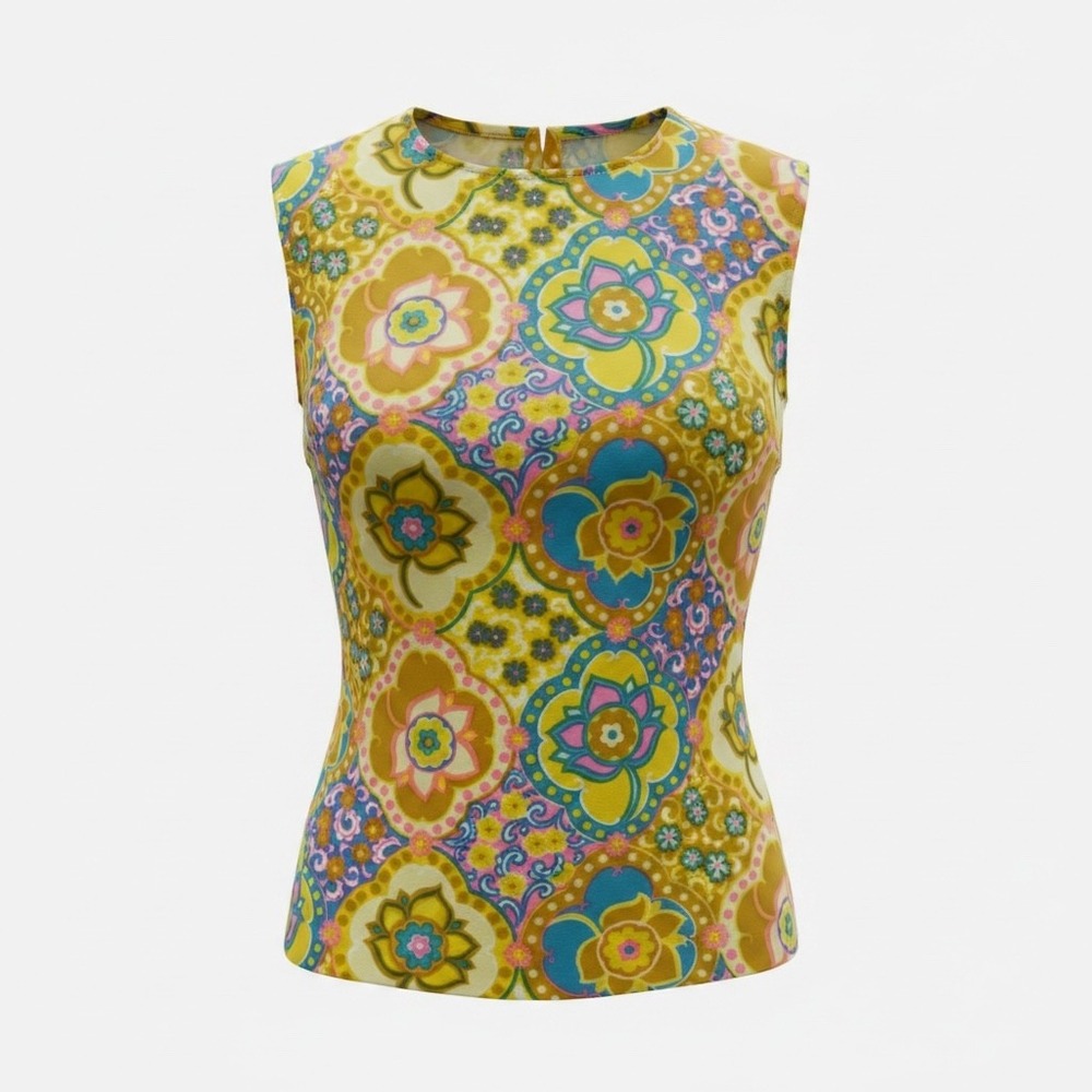 Glenbrooke Vintage 60s 70s Psychedelic Floral Sleeveless Top Mod Flower Power